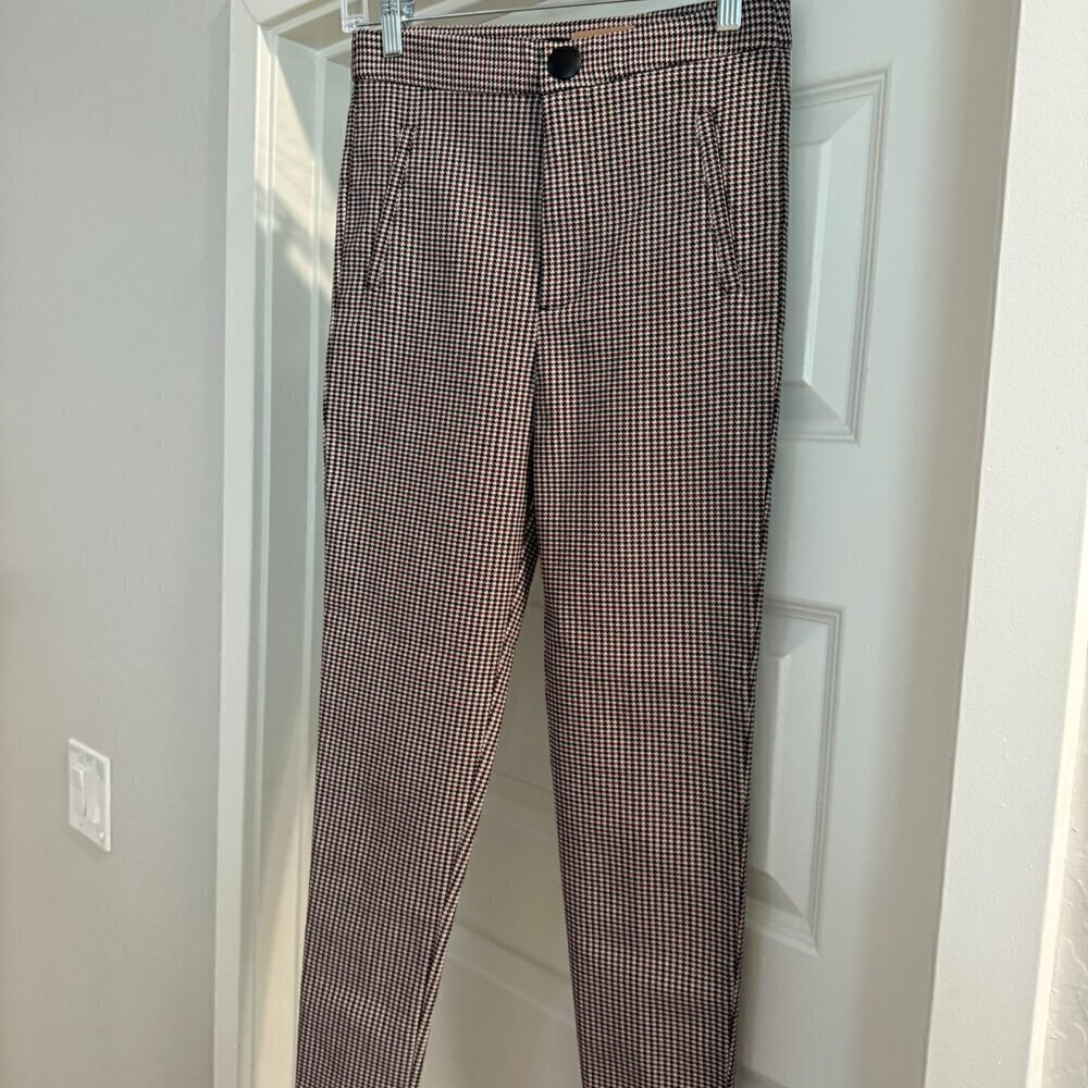ZARA PANTS ZIPPER & BUTTON CLOSURE BLACK & BURGUNDY PLAID SZ SMALL - NWT (473)